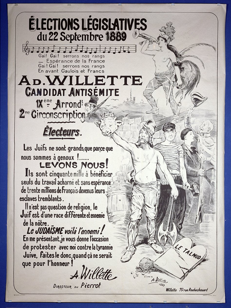 Plakát, amely az 1889. szeptemberi törvényhozási választáson a művész megválasztását népszerűsíti alkotó: Adolphe Leon Willette