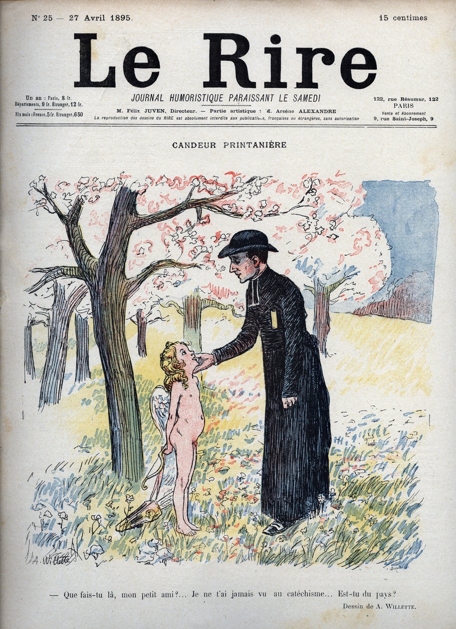 Spring Candeur - Egy virágerdőben egy pap egy meztelen gyermek arcát simogatja, háta mögött íjat, nyilat és egy pár szárnyat rejteget. Nem tudván, hogy Ámor, megkérdezi tőle, hogy új-e, mert még soha senki nem látta a katekizmusban - illustr. alkotó: Adolphe Leon Willette