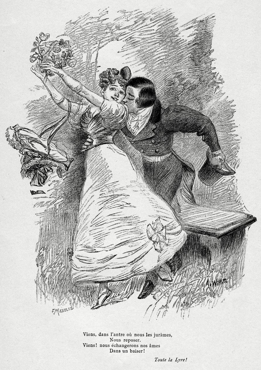 Két szerelmes: "Gyere és cseréljük ki lelkünket egy csókban! " Wilette illusztrációja Victor Hugo "L
