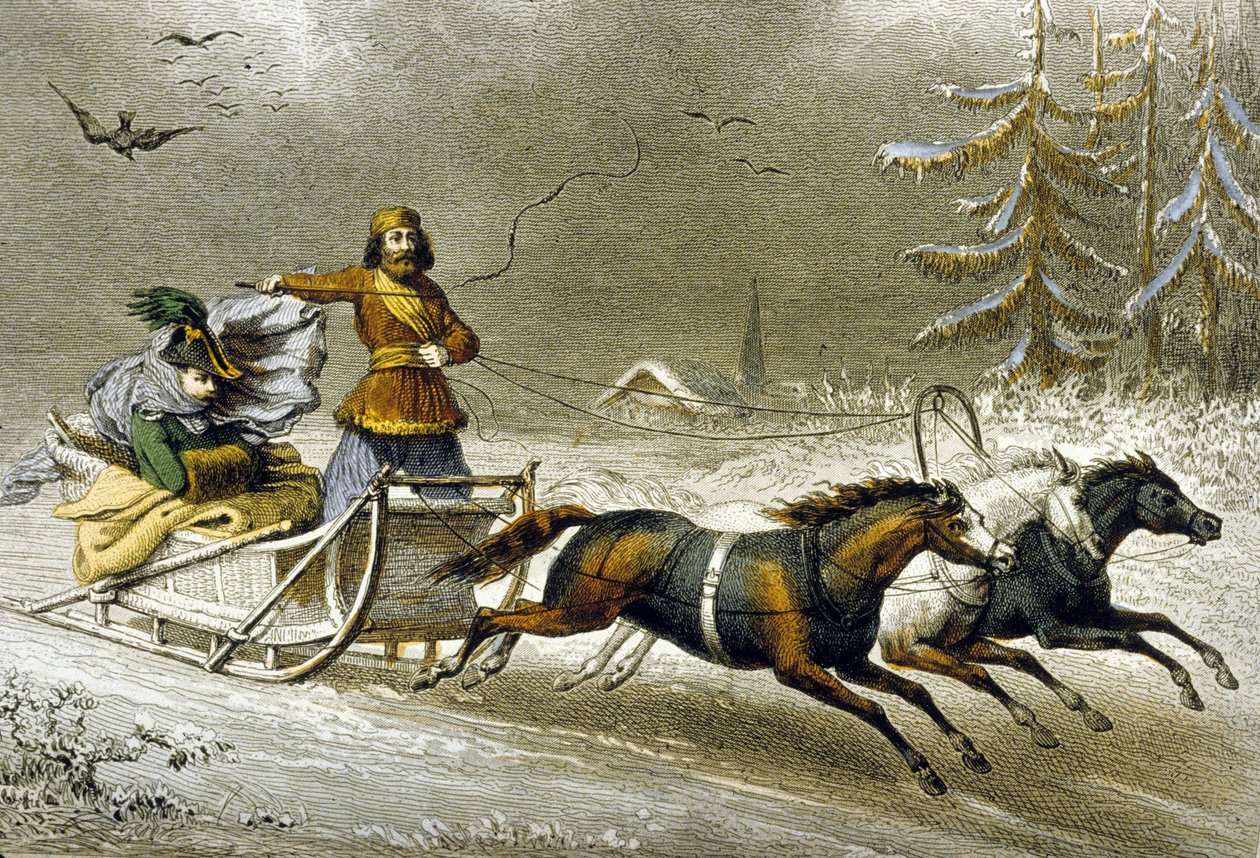 Szán a hóban, Oroszország (színes gravírozás) alkotó: Adolphe Rouargue