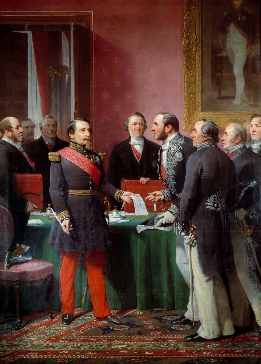 III. Napóleon császár (1808-1873) átadta Georges Haussmann (1809-1891) bárónak a szomszédos községek annexiós rendeletét 1859 júniusában. alkotó: Adolphe Yvon
