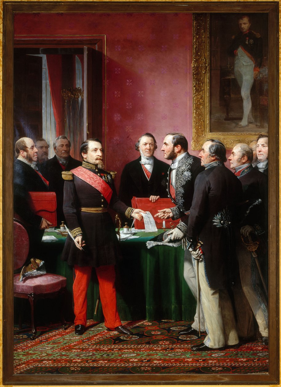 III. Napóleon átadja Haussmann bárónak a szomszédos településeket elcsatoló rendeletet (február 16.) alkotó: Adolphe Yvon