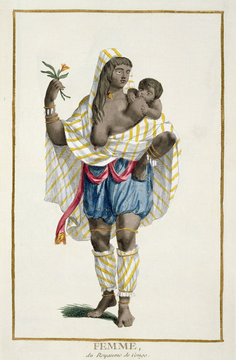 Egy kongói nő, a "Receuil des Estampes, representant les Rangs et les Dignites, suivant le Costume de toutes les Nations existantes" című, Pierre Duflos (1742-1816) által metszett, 1780-ban megjelent (ha alkotó: Adriaan Schoonebeek