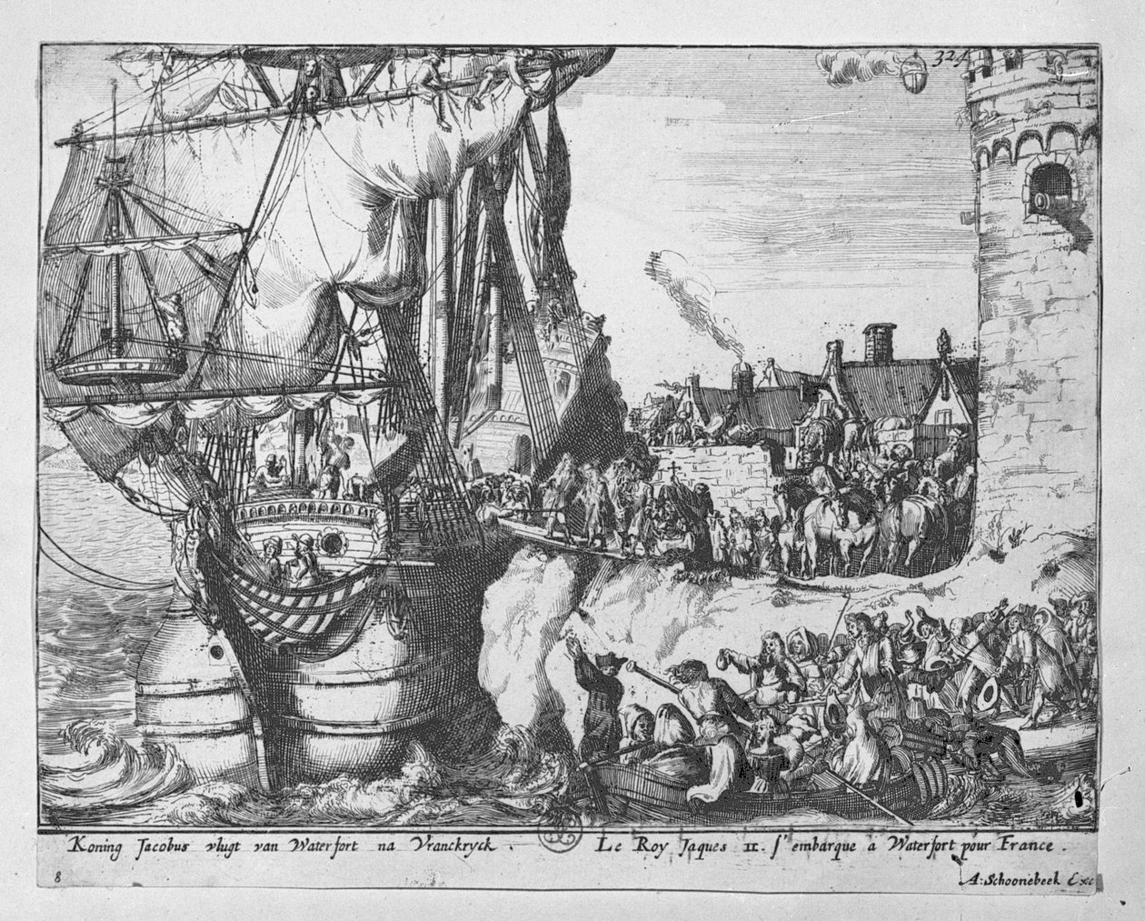 Jakab király az 1690-es boyne-i csatában elszenvedett vereség után elhagyja Írországot alkotó: Adriaan Schoonebeek
