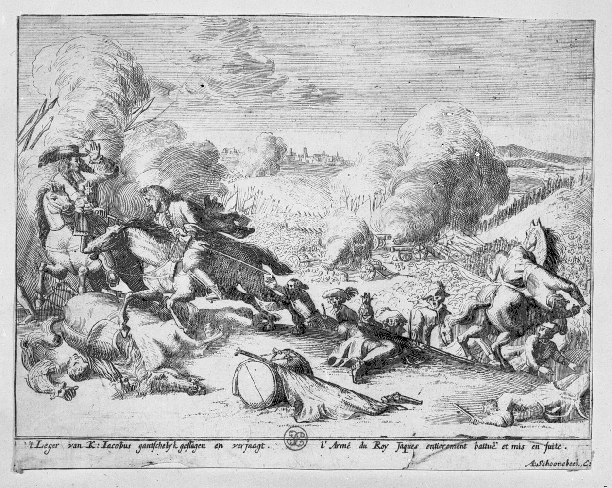 Jakab király csapatai vereséget szenvednek az 1690-es Boyne és bolha csatában alkotó: Adriaan Schoonebeek