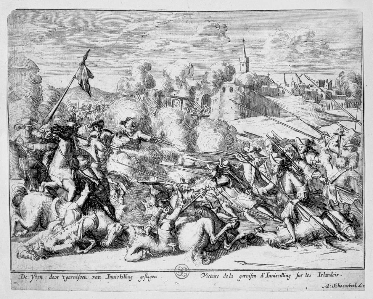 Az enniskilleni helyőrség védi a várost II. Jakabtól, 1689 alkotó: Adriaan Schoonebeek
