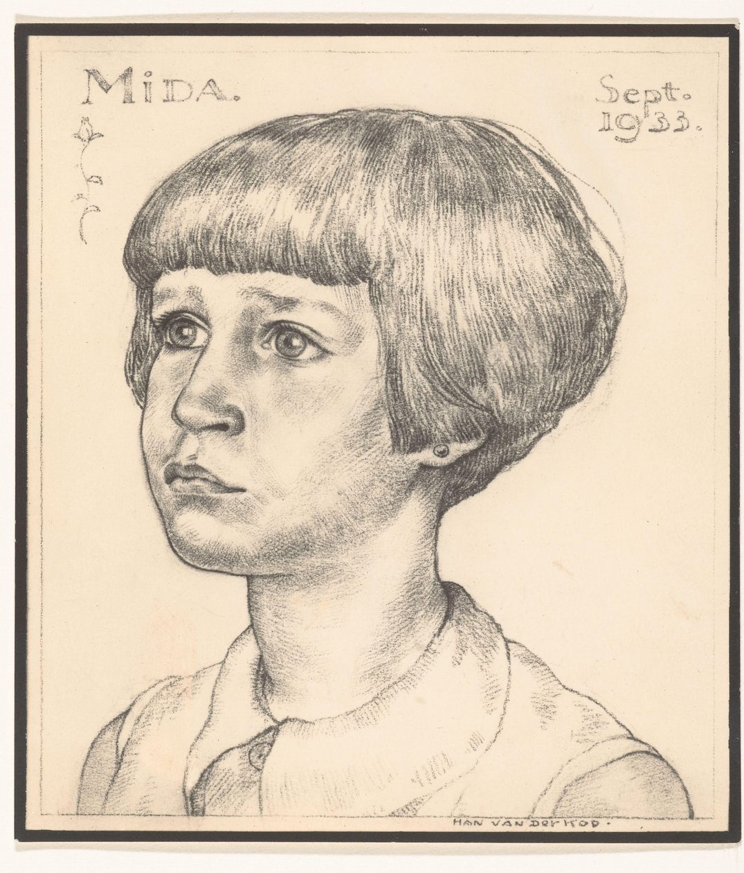 Han van der Kop képreprodukciója Midaról készült portréról Mida 1933. szeptember (cím a tárgyon) alkotó: Adriaan Bijl (attributed to)