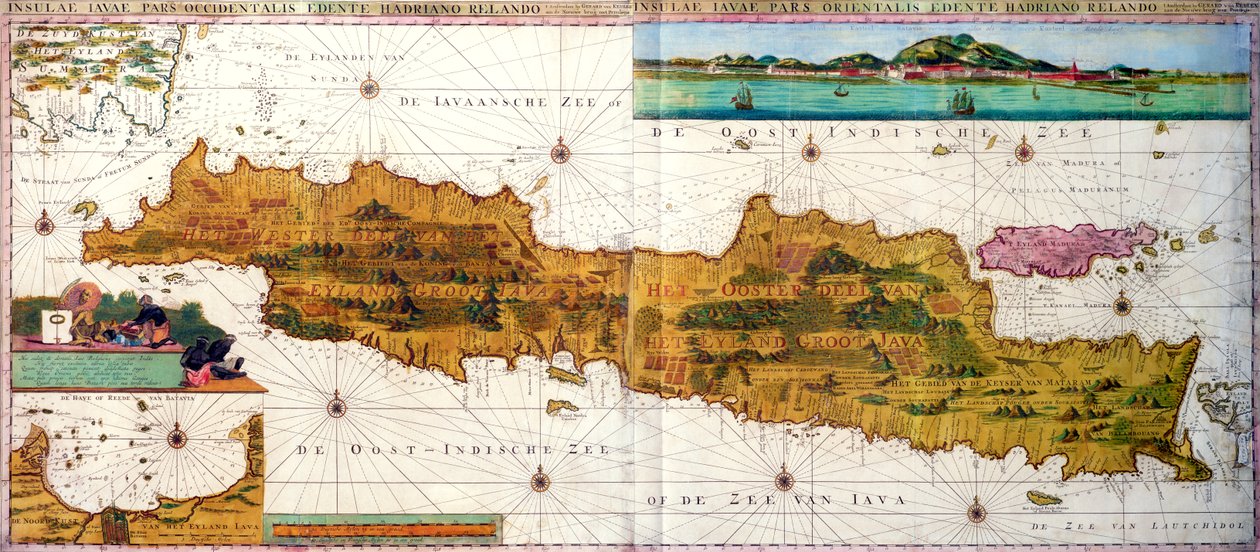 Insulae lavae, Jáva nagyméretű, összehajtható térképe két betéttel, mindkettő Batavia (Jakarta) holland nézeteit ábrázolja, Gerard van Keulen, Amszterdam, 1715 körül (színes metszet) alkotó: Adriaan Reland
