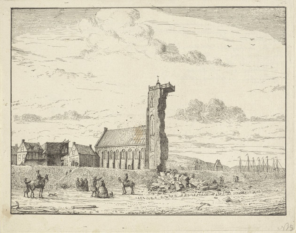 Leomlott torony Egmond aan Zee-nél, 1741 alkotó: Adriaan Spinder