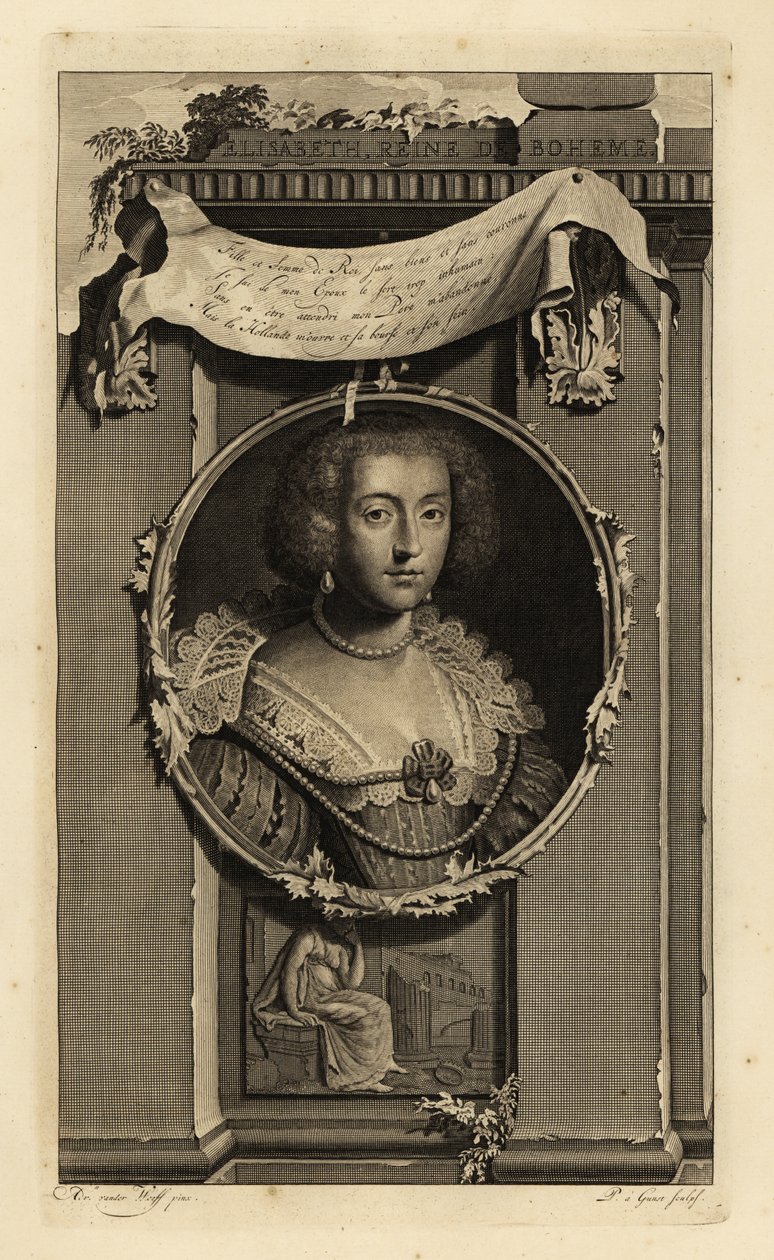 Erzsébet Stuart, Cseh királynője, Pfalz választónője, V. Frigyes, a téli király felesége. Elisabeth, Reine de Boheme. Ruhában szabdalt ujjú, gyöngyös csipkegallérral. Egy lehullott koronán tűnődő nő matricája. Rézmetszet alkotó: Adriaan van der (after) Werff