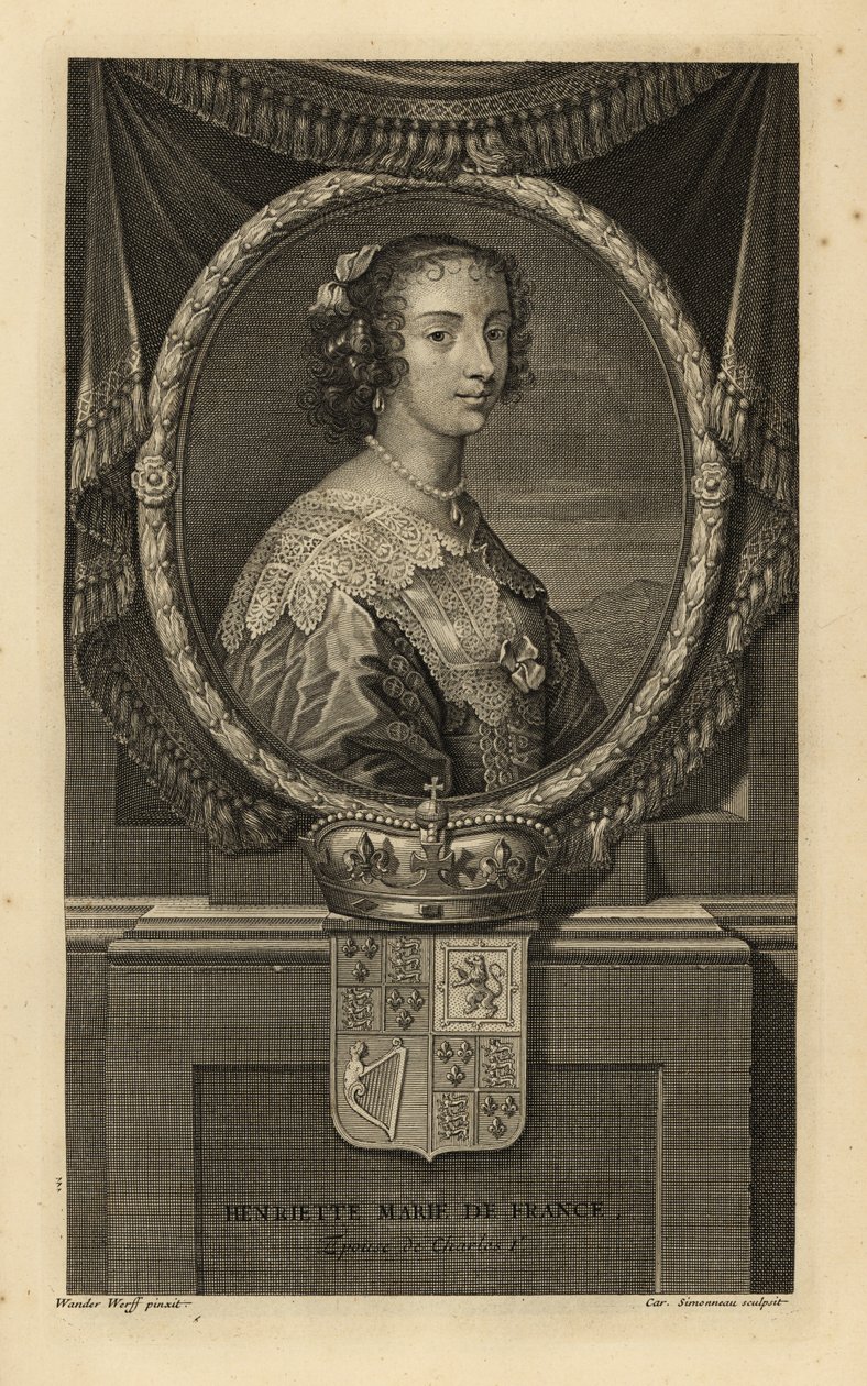 Henrietta Maria francia, I. Károly angol király felesége. Henriette Marie de France. Ruhában csipkegallérral, gyöngy nyaklánccal. Koronával és címerrel. Charles Simonneau rézmetszete Adriaen van der Werff nyomán Isaac de Larrey H című művéből alkotó: Adriaan van der (after) Werff