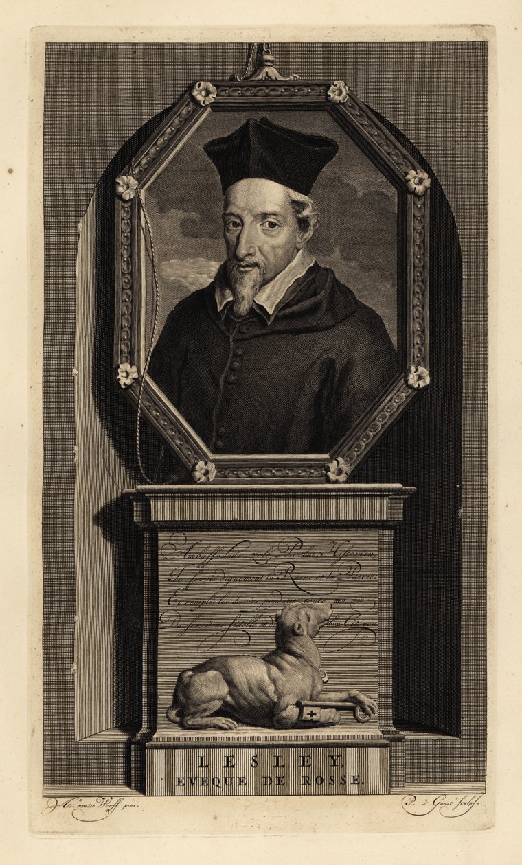 John Lesley skót történész és Ross püspöke. Rosse püspöke. Kutya kulccsal. Pieter Stevens van Gunst rézmetszete Adriaen van der Werff nyomán Isaac de Larrey Histoire d