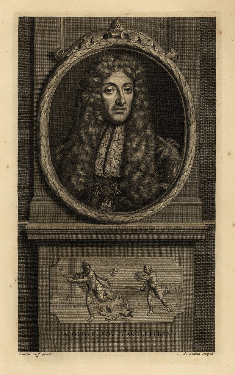 Jakab angol király, VII. Jakab skót, Jacques II Roy d’Angleterre. Parókában, csipkekendőben, láncban Szent György és a sárkány alakjával. Vignette egy római császárt ábrázol, amint elveszíti a koronáját egy katonának. Jean Audran rézmetszete hirdetés után alkotó: Adriaan van der (after) Werff