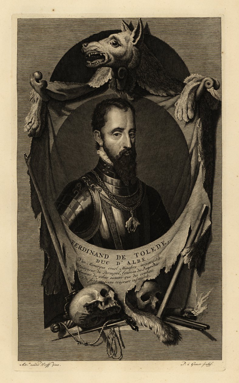 Ferdinand Alvarez de Toledo y Pimentel, Alba 3. hercegének vagy a vashercegnek a portréja. Aranygyapjú rendű páncélruhában, lánccal. Farkasbőrrel, emberi koponyákkal, karddal, tőrrel és kovaköves pisztollyal. Ferdinand de Tolede, d’Albe herceg. Réz alkotó: Adriaan van der (after) Werff