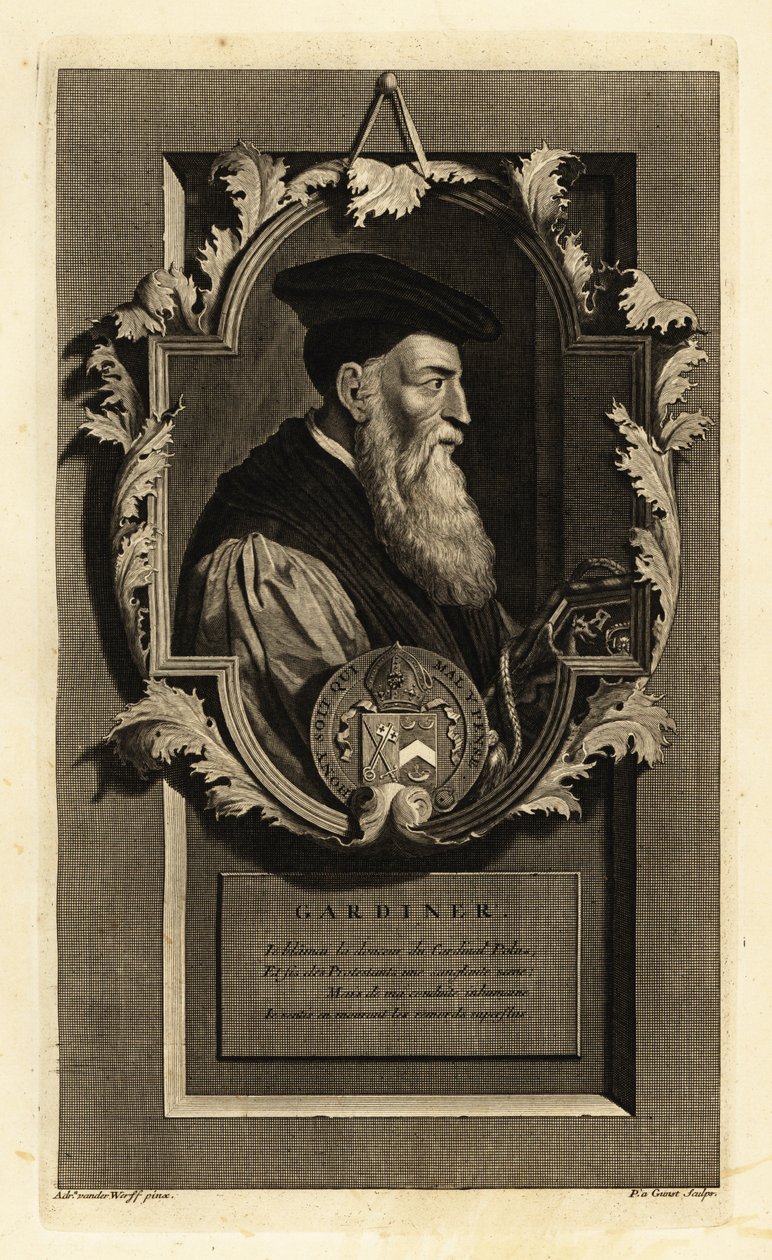 Stephen Gardiner, Winchester püspökének és politikusának portréja. Címerrel. Pieter Stevens van Gunst rézmetszete Adriaen van der Werff nyomán Isaac de Larrey Histoire d