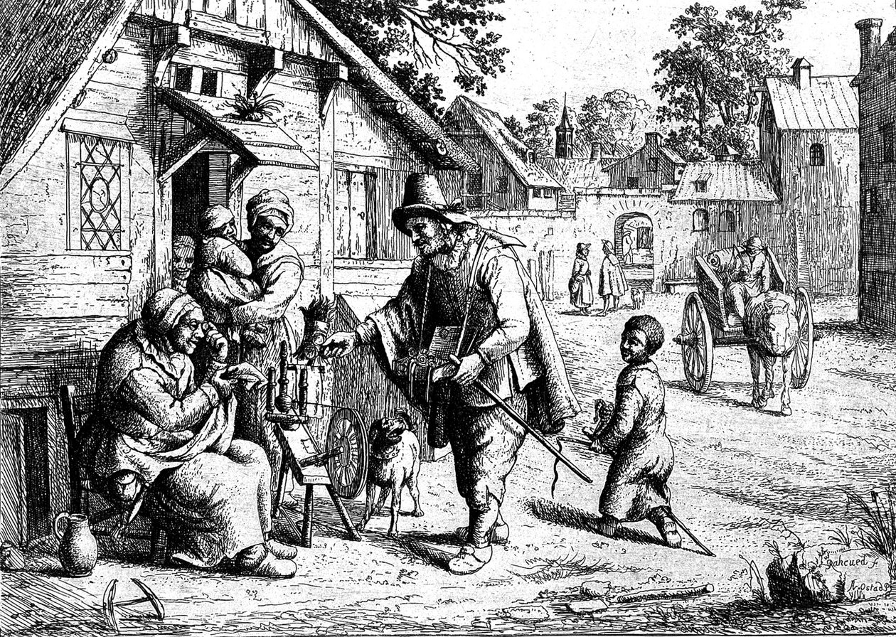 Egy szemüveges házaló mutatja portékáját egy idős asszonynak. alkotó: Adriaen Jansz. van Ostade