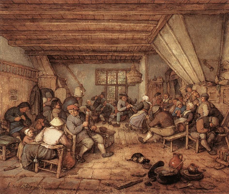 Táncoló, ivó és zenélő parasztok egy fogadóban alkotó: Adriaen Jansz. van Ostade