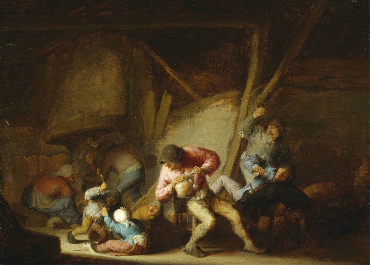 Belső, ivó figurákkal és síró gyerekekkel alkotó: Adriaen Jansz. van Ostade