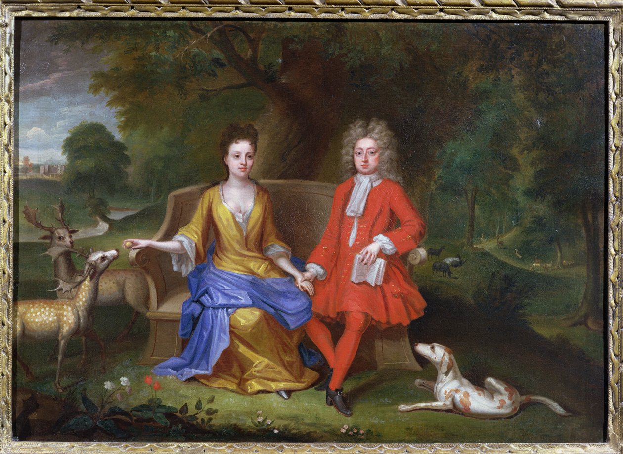 Sir Charles Shuckburgh és felesége, Diana portréja, a háttérben a warwickshire-i Shuckburgh Halllal, 1690 körül alkotó: Adriaen van Diest