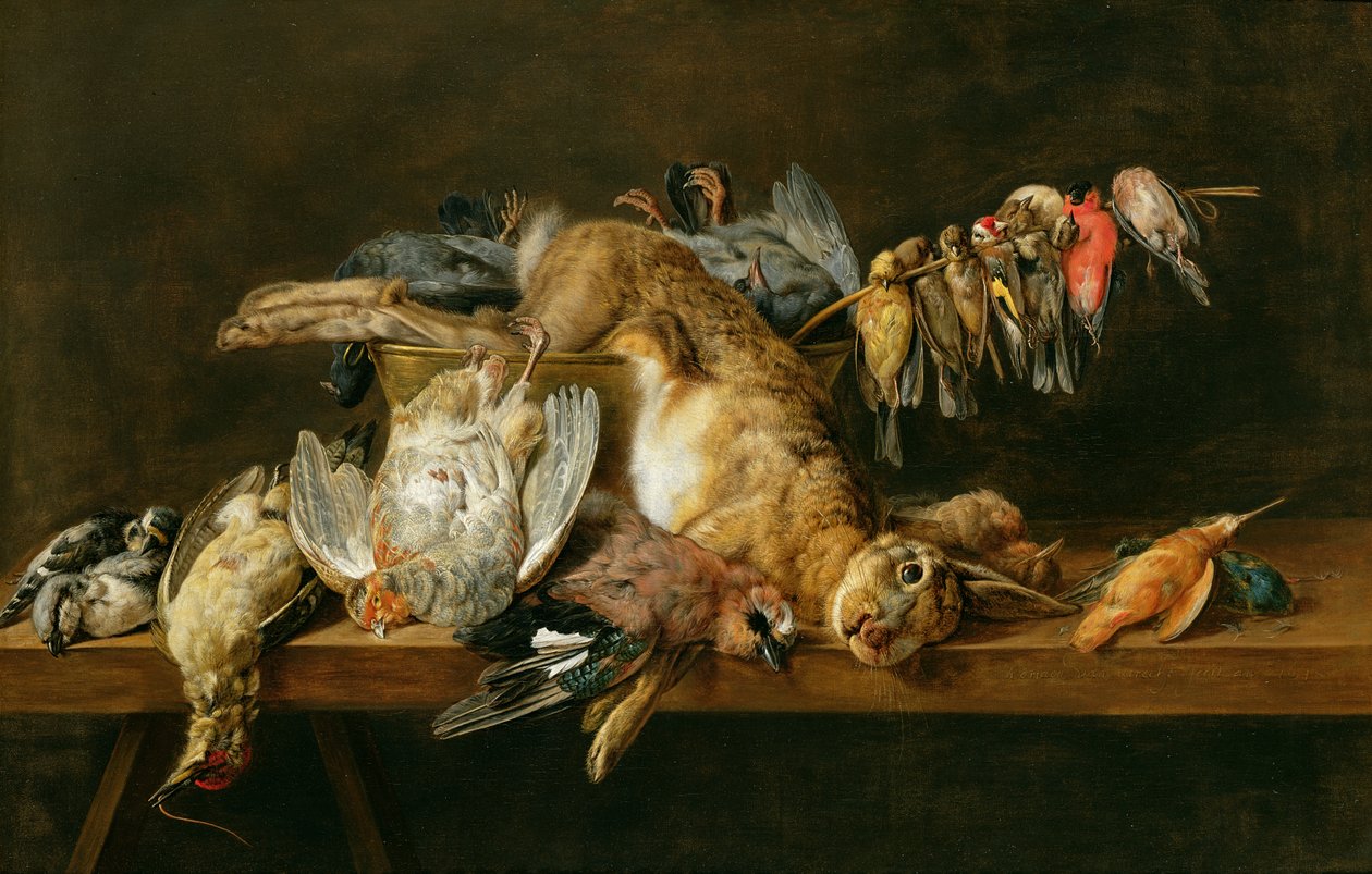 Elhullott madarak és egy nyúl csendélet az asztalon, 1647 alkotó: Adriaen van Utrecht