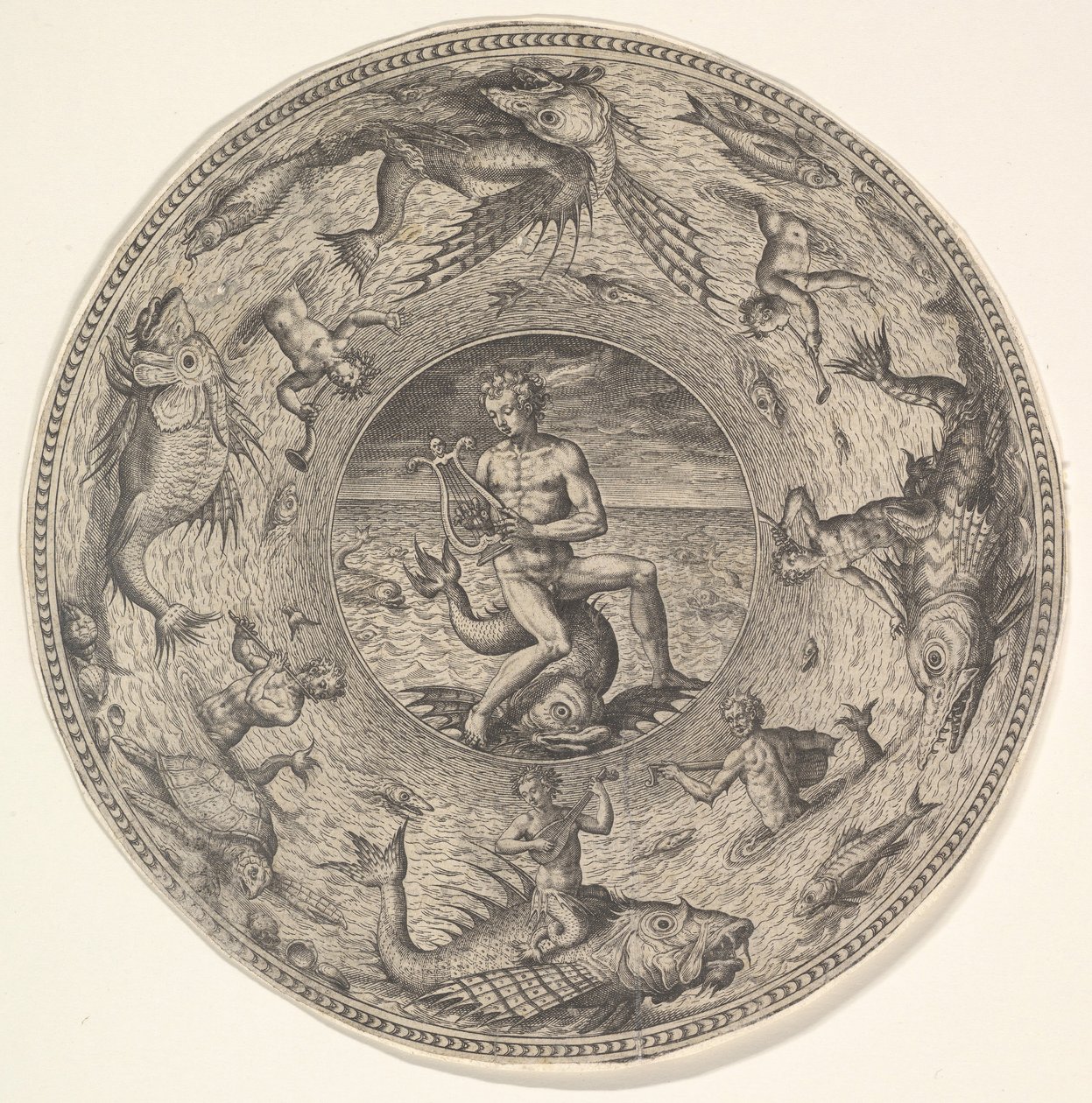 Arion egy delfinen, tengeri lényekkel díszített szegéllyel körülvéve, egy halmazból..., 1580-1600. alkotó: Adriaen Collaert
