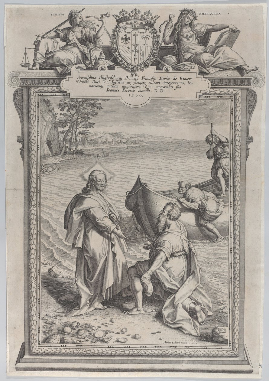 Krisztus hívja Szent Andrást, aki letérdel előtte a tengerparton, és Szent Pétert, aki mászik..., 1590. alkotó: Adriaen Collaert