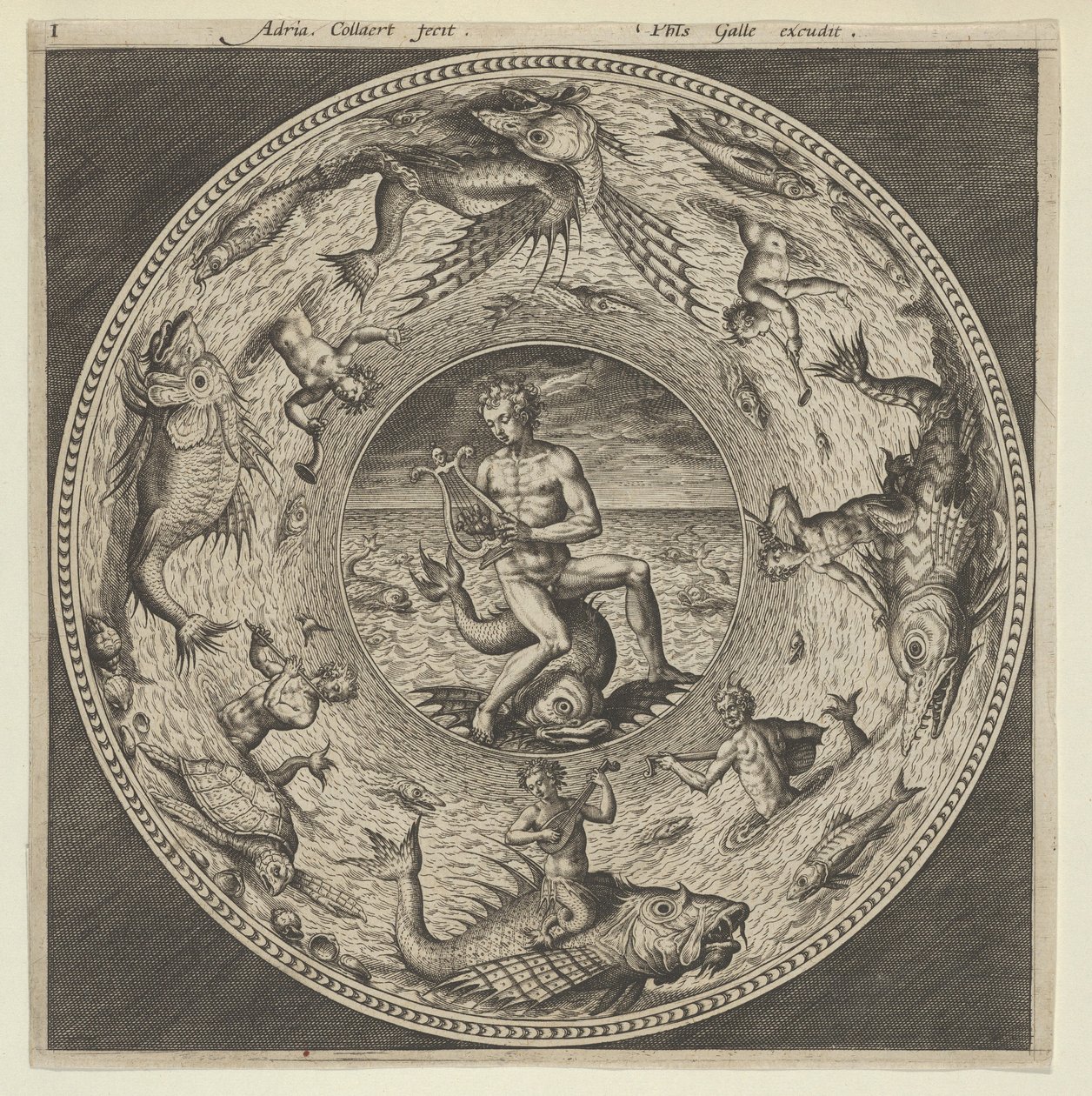 Tervezés egy tányérhoz Arion delfinnel lovagolva egy medálban, amelyet tengeri szörnyek határolnak..., c1600. alkotó: Adriaen Collaert