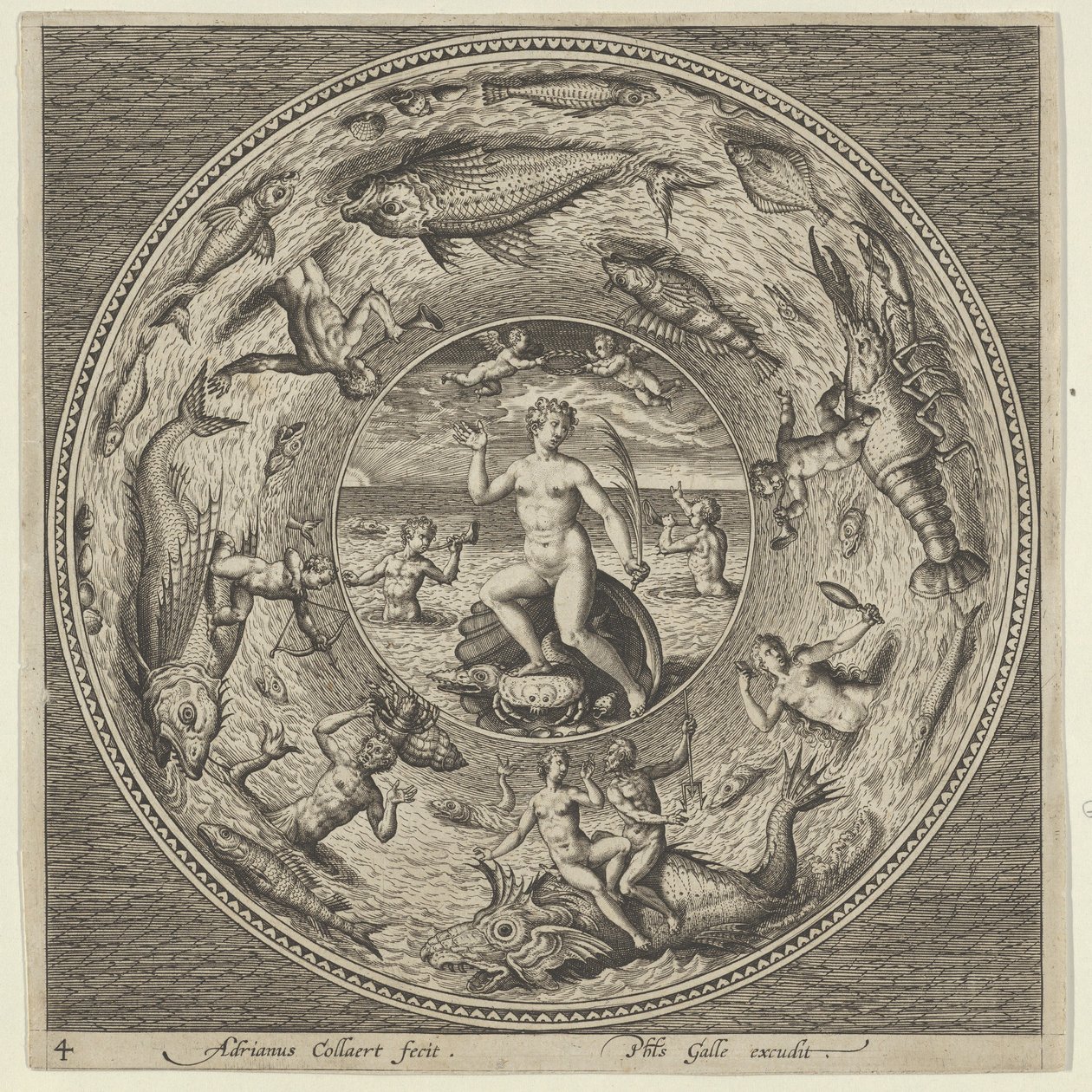 Tervezés egy tányérhoz Galateával egy kagylón, amelyet trombitások szegélyeznek egy éremszegélyben..., c1600. alkotó: Adriaen Collaert