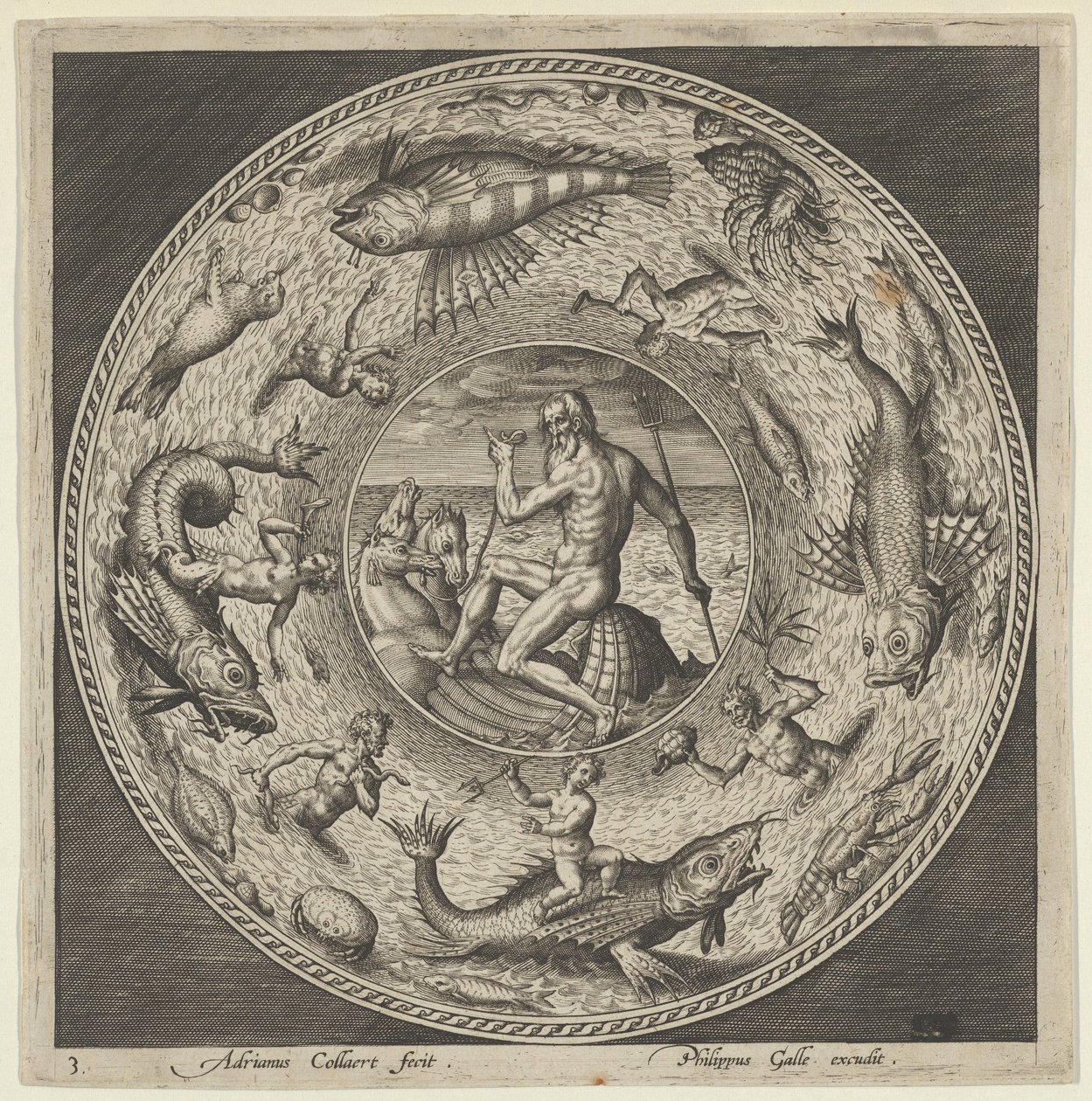 Tervezés egy tányérhoz Neptunnal a kagylóban, amelyet lovak rajzoltak egy medálba, határolja ..., c1600. alkotó: Adriaen Collaert