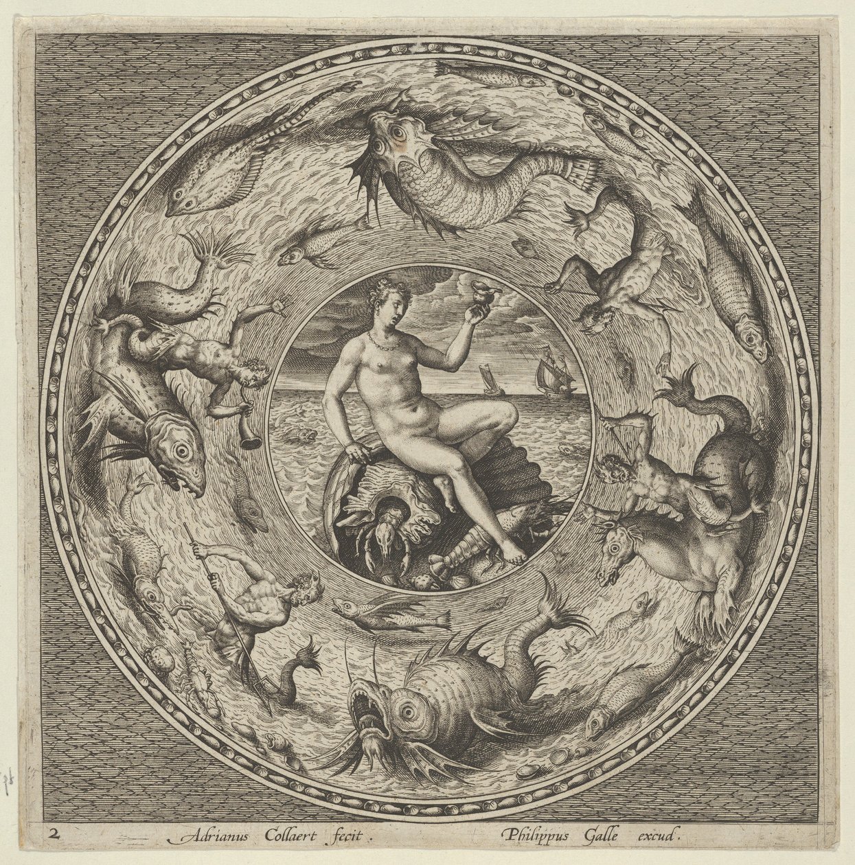 Tervezés egy tányérhoz Thetis-szel egy kagylón egy medálban, amelyet tengeri szörnyek határolnak, c1600. alkotó: Adriaen Collaert