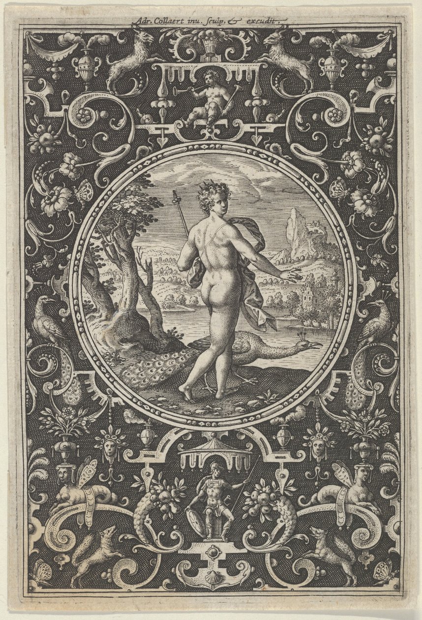 Juno dekoratív keretben groteszkekkel, a párizsi ítéletből, kb. 1580-..., c1580-1600. alkotó: Adriaen Collaert