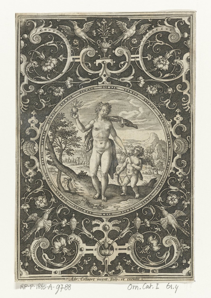 Medallion Vénusszal és Ámorral groteszk keretben virágokkal, füzérekkel, állatokkal és mascaronokkal Medálok a párizsi ítélet figuráival (sorozat címe) alkotó: Adriaen Collaert