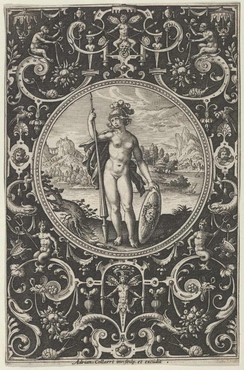 Minerva dekoratív keretben groteszkekkel, a párizsi ítéletből, 1580-1600. alkotó: Adriaen Collaert