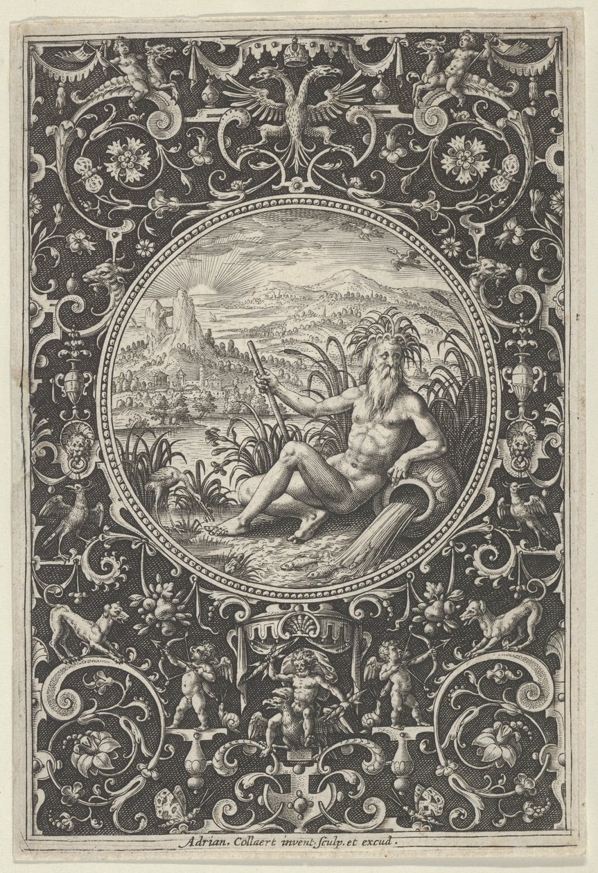 Neptunusz díszkeretben groteszkekkel, a párizsi ítéletből, 1580-1600. alkotó: Adriaen Collaert