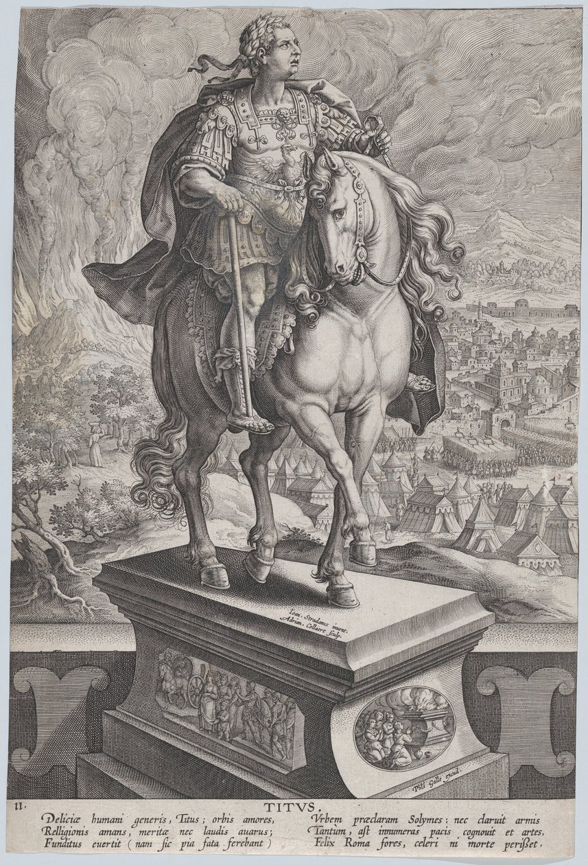 11. tábla: Titusz lovas szobra, háromnegyed jobbra látható, Vezúv..., kb. 1587-89. alkotó: Adriaen Collaert