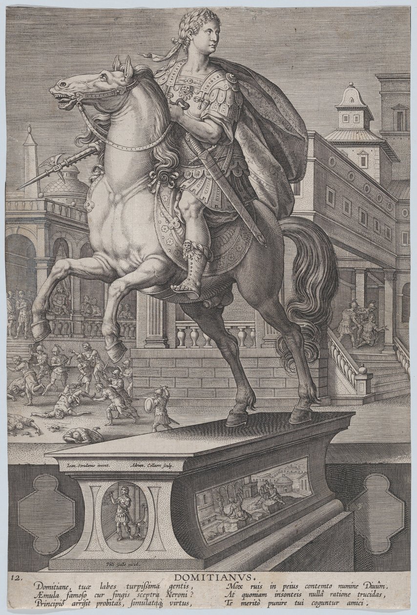 12. tábla: Domitianus lovas szobra, háromnegyed balra látható, ..., kb. 1587-89. alkotó: Adriaen Collaert
