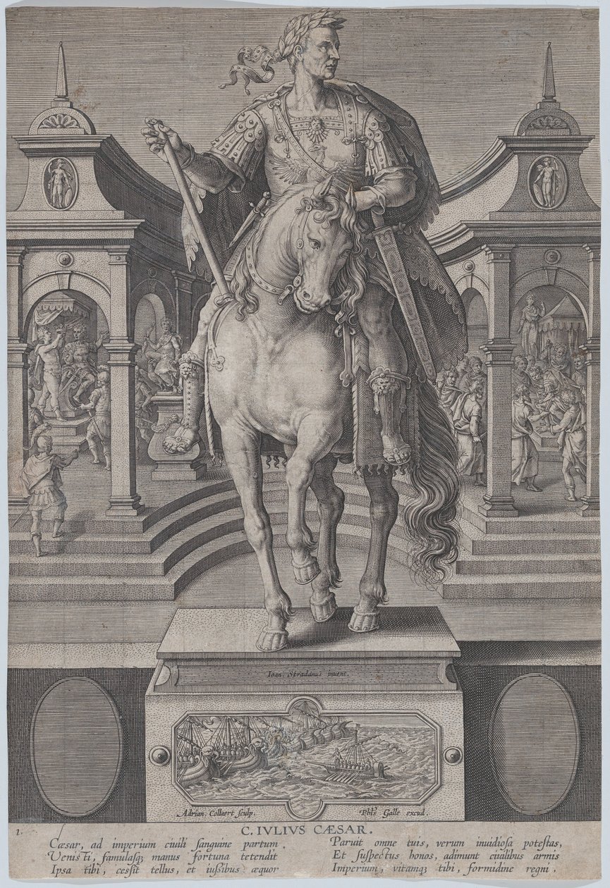 1. tábla: Julius Caesar lovas szobra, szemből nézve, egy..., kb. 1587-89. alkotó: Adriaen Collaert