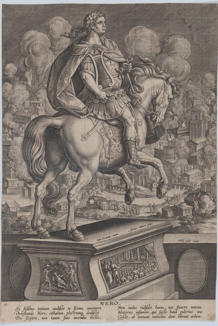 6. tábla: Néró lovas szobra, hátulról nézve, a római nagy tűzvész a..., kb. 1587-89. alkotó: Adriaen Collaert