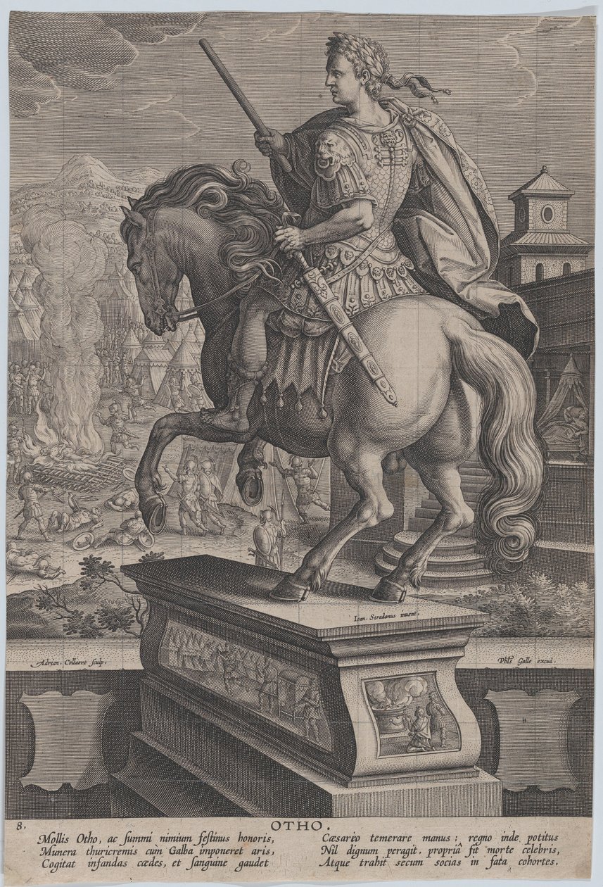 8. tábla: Otho lovas szobra, hátulról nézve, a háttérben halála..., kb. 1587-89. alkotó: Adriaen Collaert