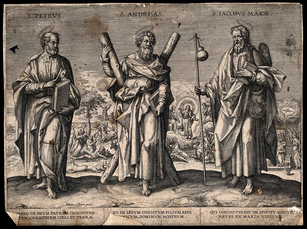 Szent Péter apostol, Szent András apostol és Idősebb Szent Jakab. Metszet. alkotó: Adriaen Collaert