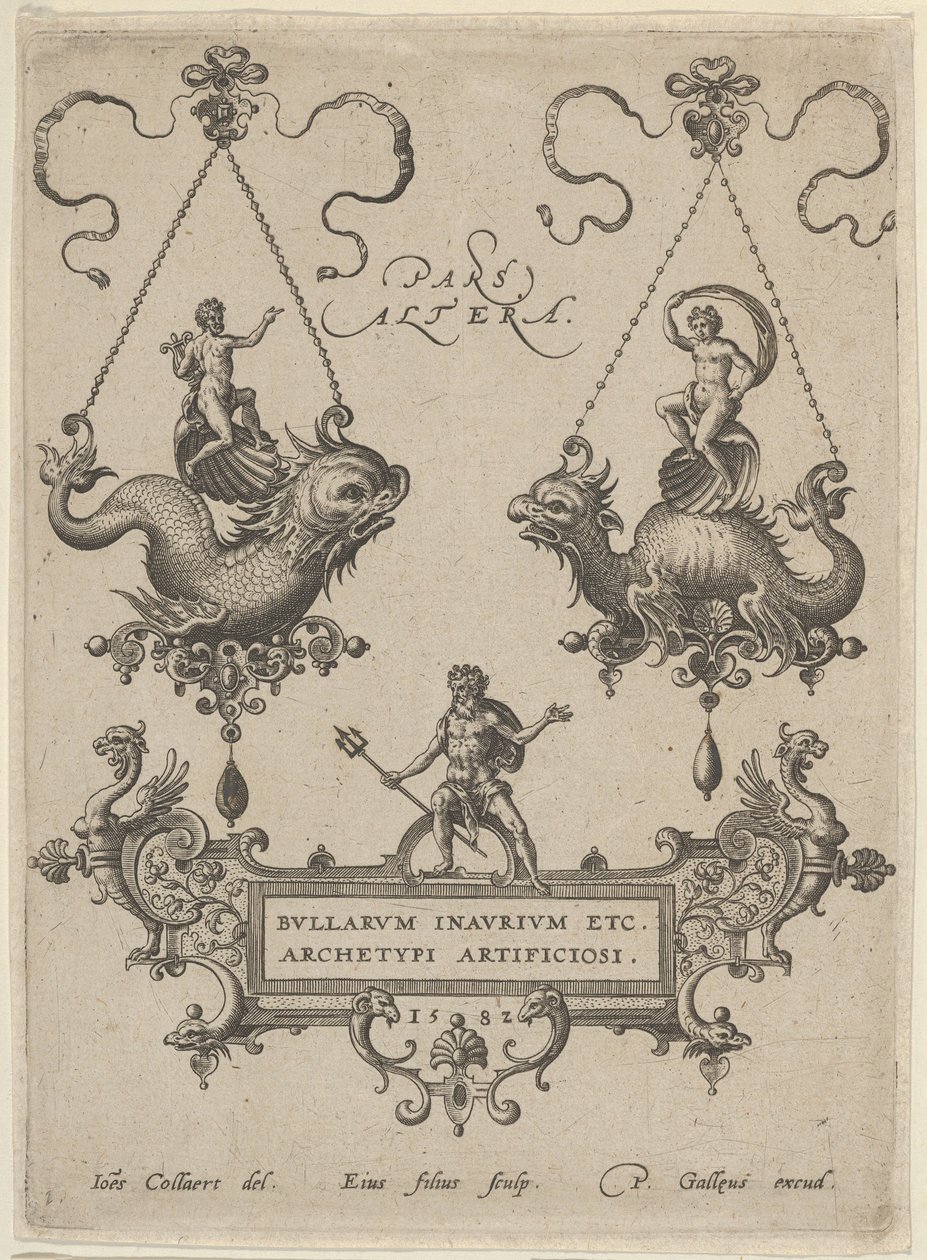 Címtábla két medálmintával felül és Neptunusz kartonon állva, 1582. alkotó: Adriaen Collaert