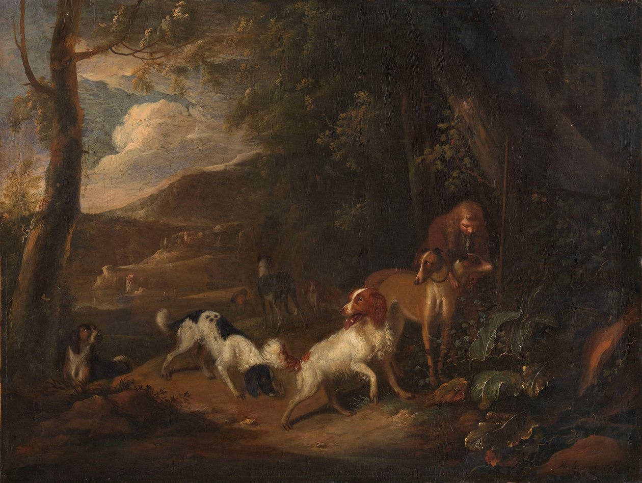 Vadász vadászkutyákkal az erdő szélén alkotó: Adriaen Cornelisz Beeldemaker