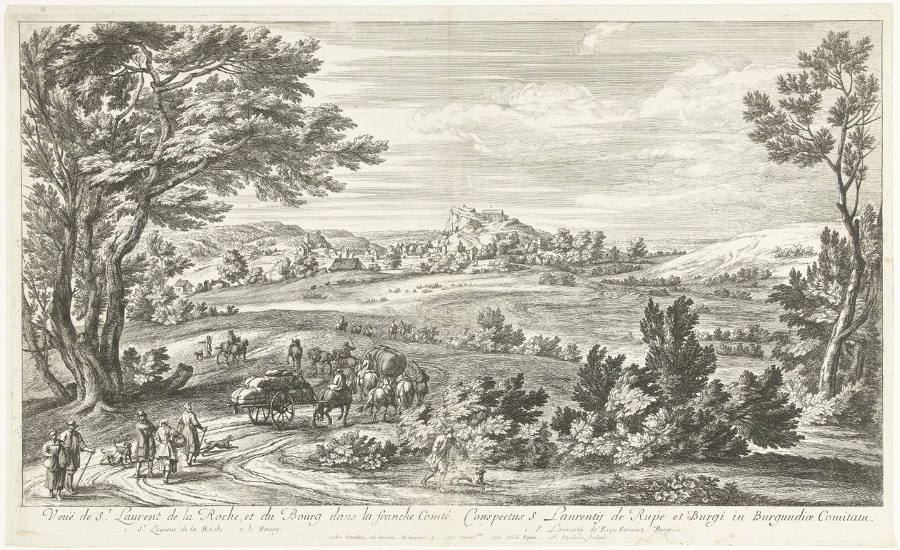 Gezicht op Saint Laurent de la Roche Kilátás St. Laurent de la Roche-ra és Bourgra a Franche-Comtéban (cím a tárgyon) alkotó: Adriaen Frans Boudewyns