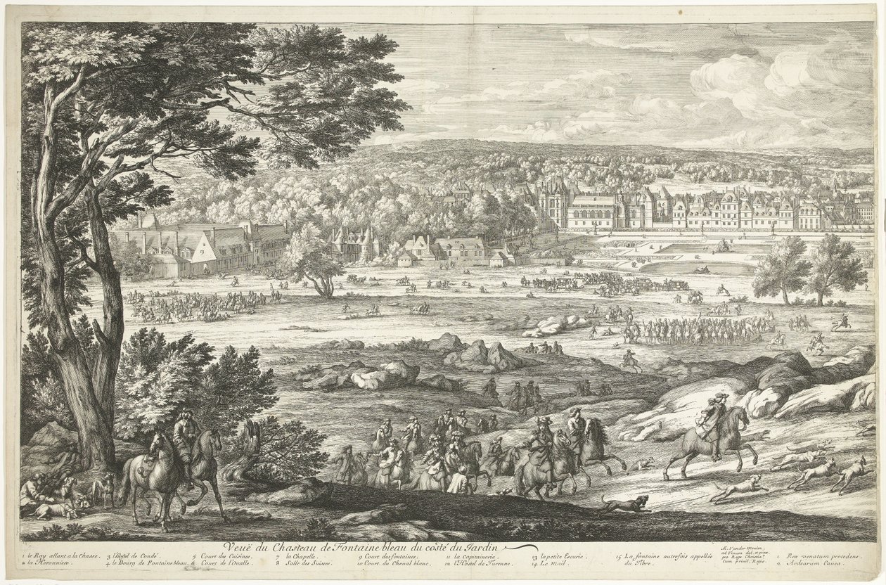 Kilátás Fontainebleau kastélyára (bal oldal) Veuë du Chasteau de Fontainebleau du costé du Jardin (cím a tárgyon) alkotó: Adriaen Frans Boudewyns