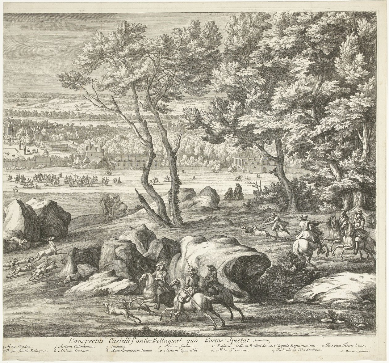 Kilátás Fontainebleau kastélyára (jobb oldal) Veuë du Chasteau de Fontainebleau du costé du Jardin (cím a tárgyon) alkotó: Adriaen Frans Boudewyns