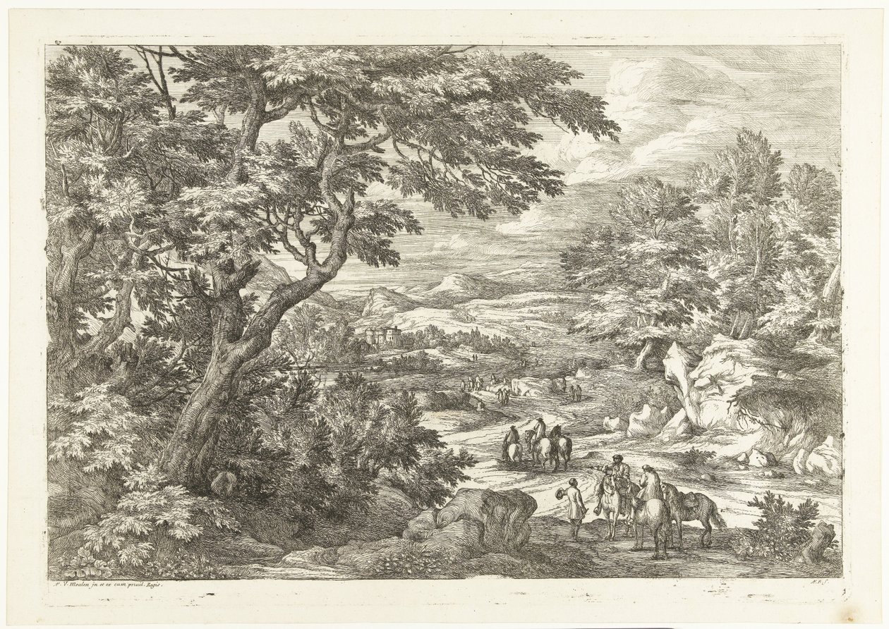 Táj a hazafelé tartó vadászokkal, a távolban egy kastély Landscapes with Hunters (sorozat címe) alkotó: Adriaen Frans Boudewyns
