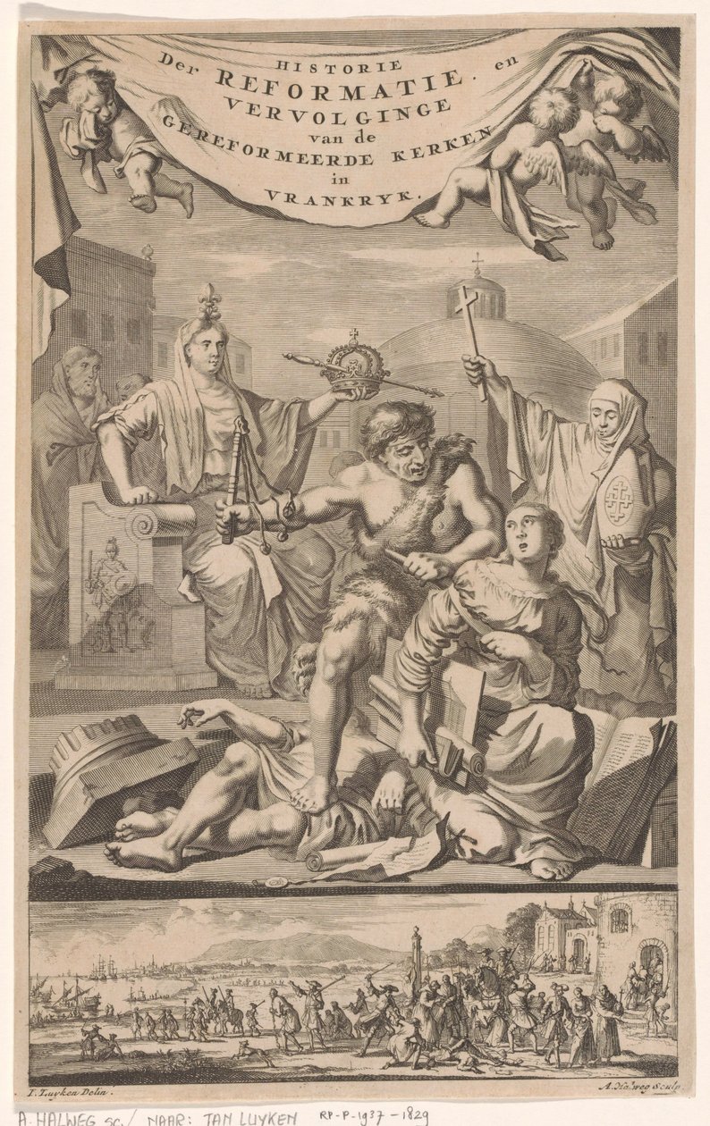 A francia református egyházat csapással támadta meg az ember Címlap ehhez: E. Benoist, Historie der Reformeerde Kerken van Vrankrijk, 1696 alkotó: Adriaen Haelwegh