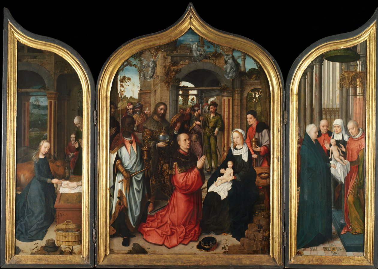 Születés, A mágusok imádása, Bemutató a templomban, 1510-12. alkotó: Adriaen Isenbrandt