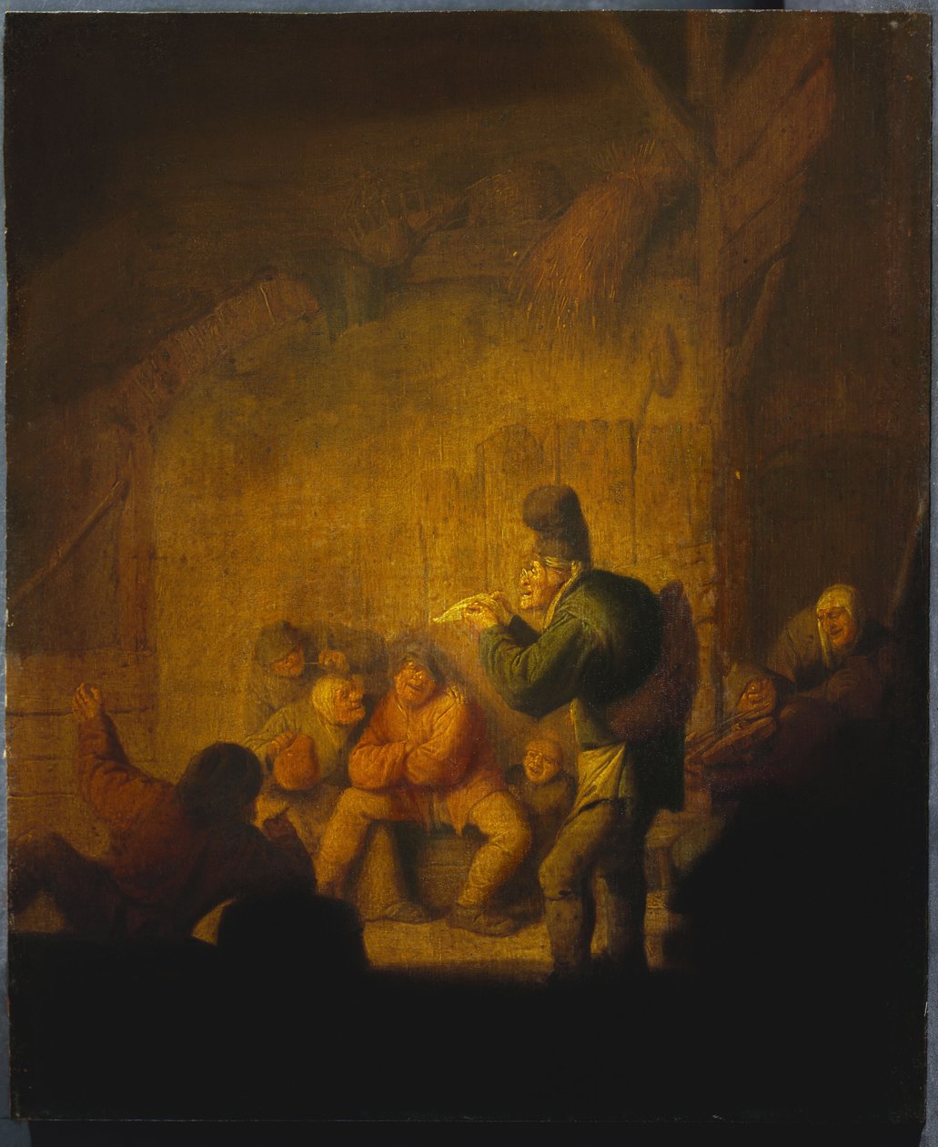 Egy pajta belseje egy bolonddal, aki társaival kedveskedik, 1632 körül alkotó: Adriaen Jansz. van Ostade