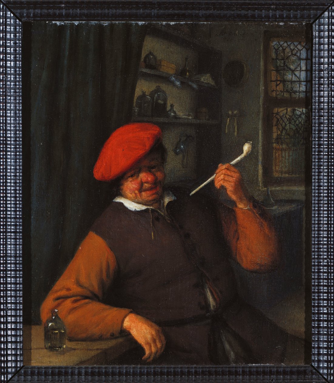 Egy paraszt vörös svájcisapkóban pipázik, egy belső térben alkotó: Adriaen Jansz. van Ostade